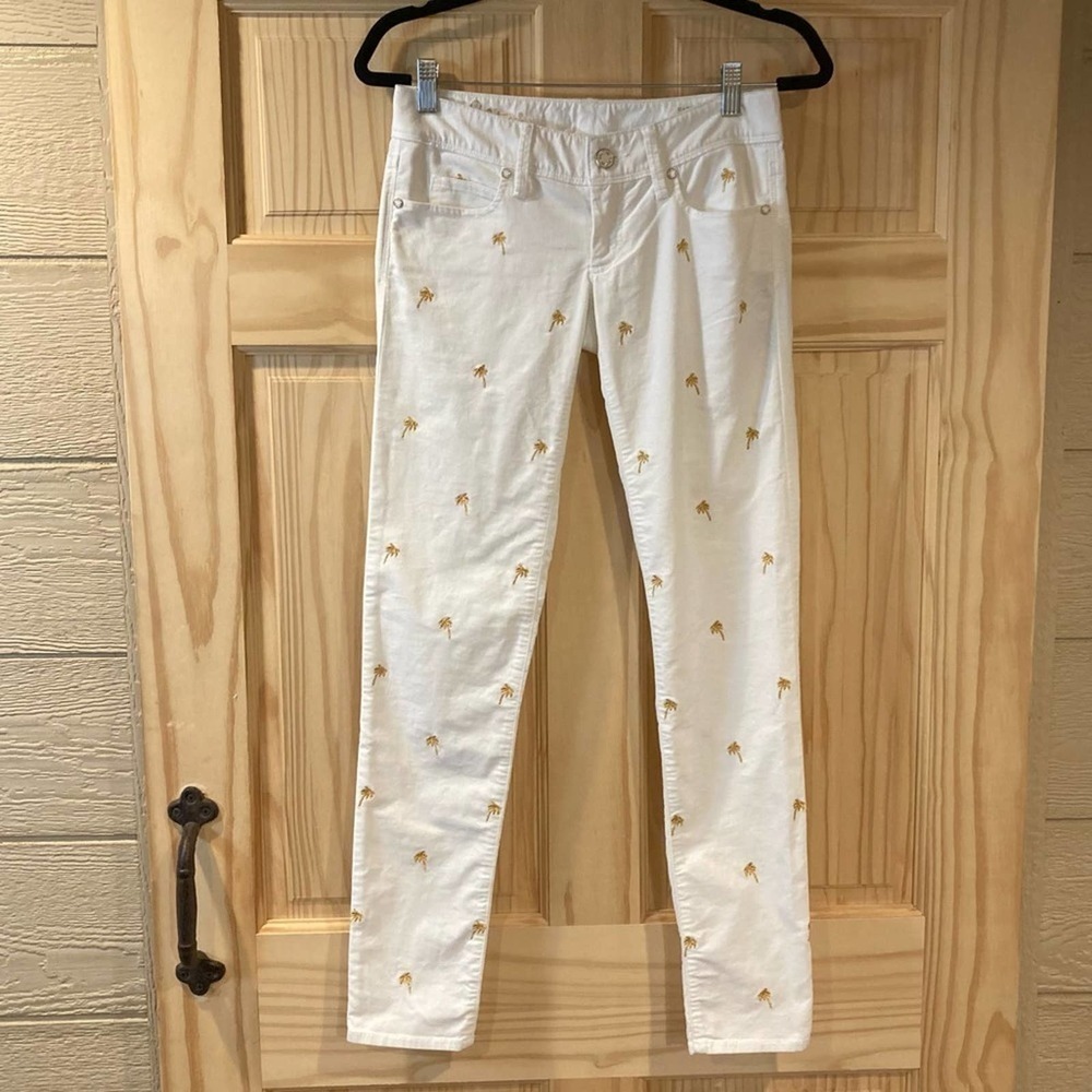 LILLY PULITZER WORTH SKINNY RESORT WHITE EMBROIDERED PALM PANT